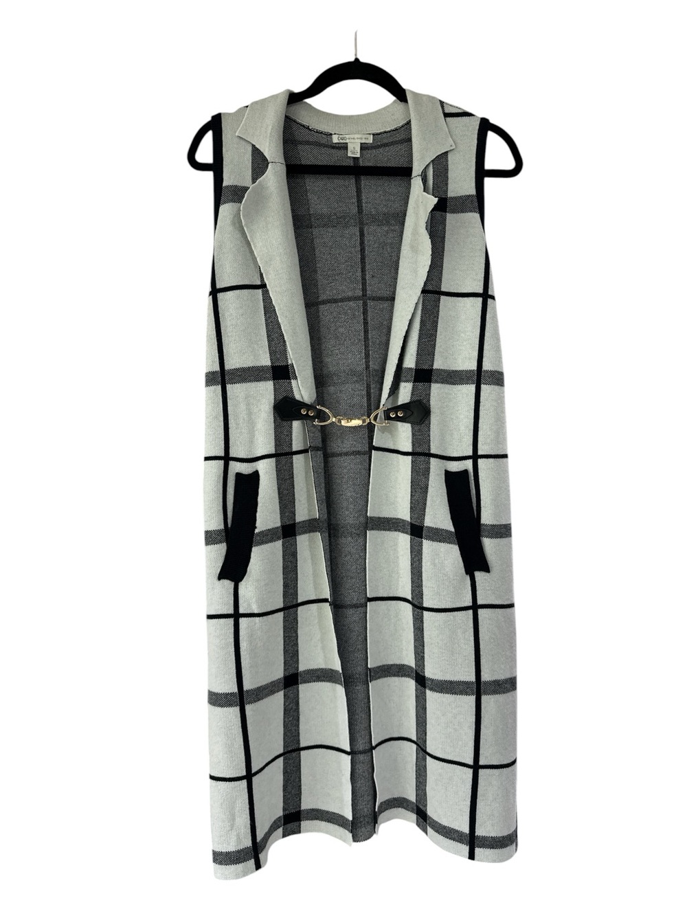 Cato Black & Gray Knit Windowpane Long Vest with Chain Detail
